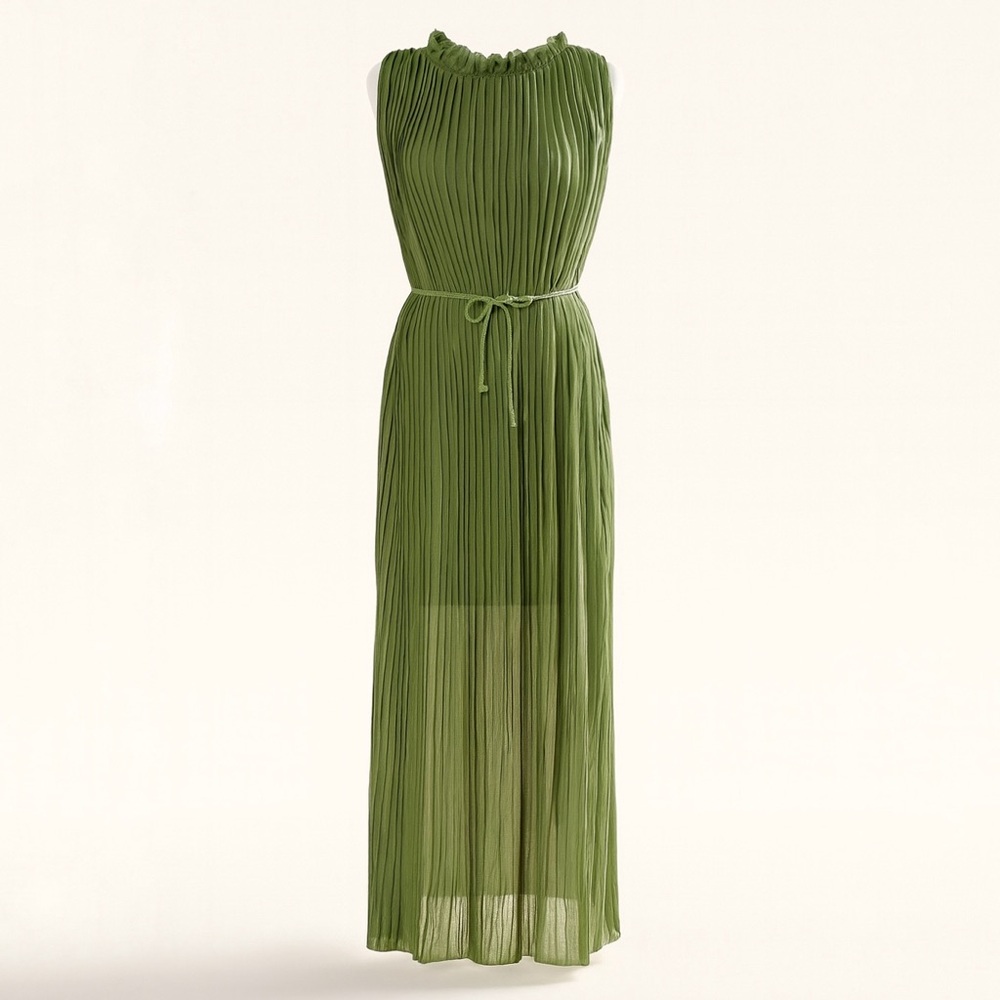 Accordion Pleated Green Ruffle Mock Collar Maxi Gown Dress Size Medium Goddess